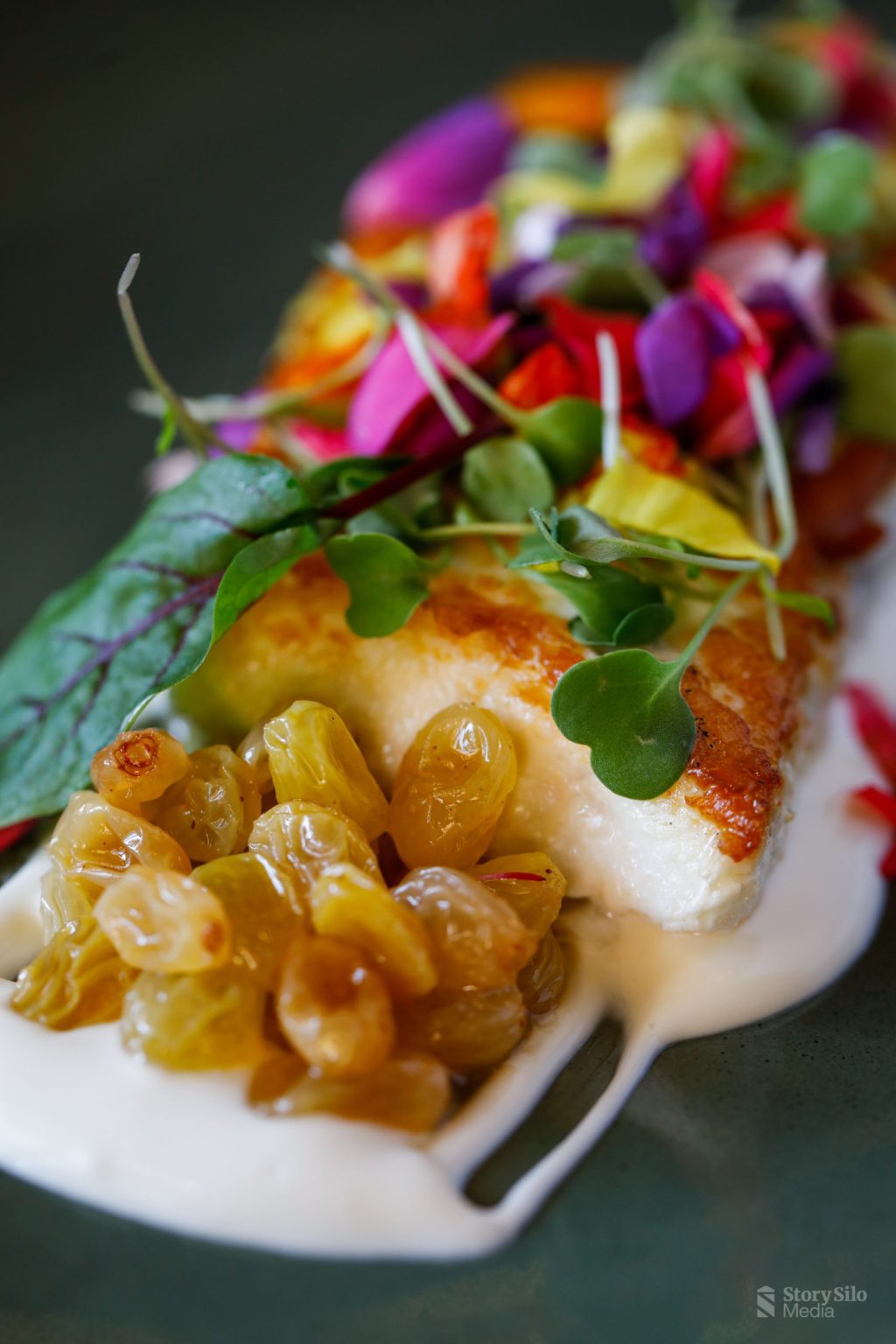 Image of beautifully plated fish with flowers, vegetables, and corn.