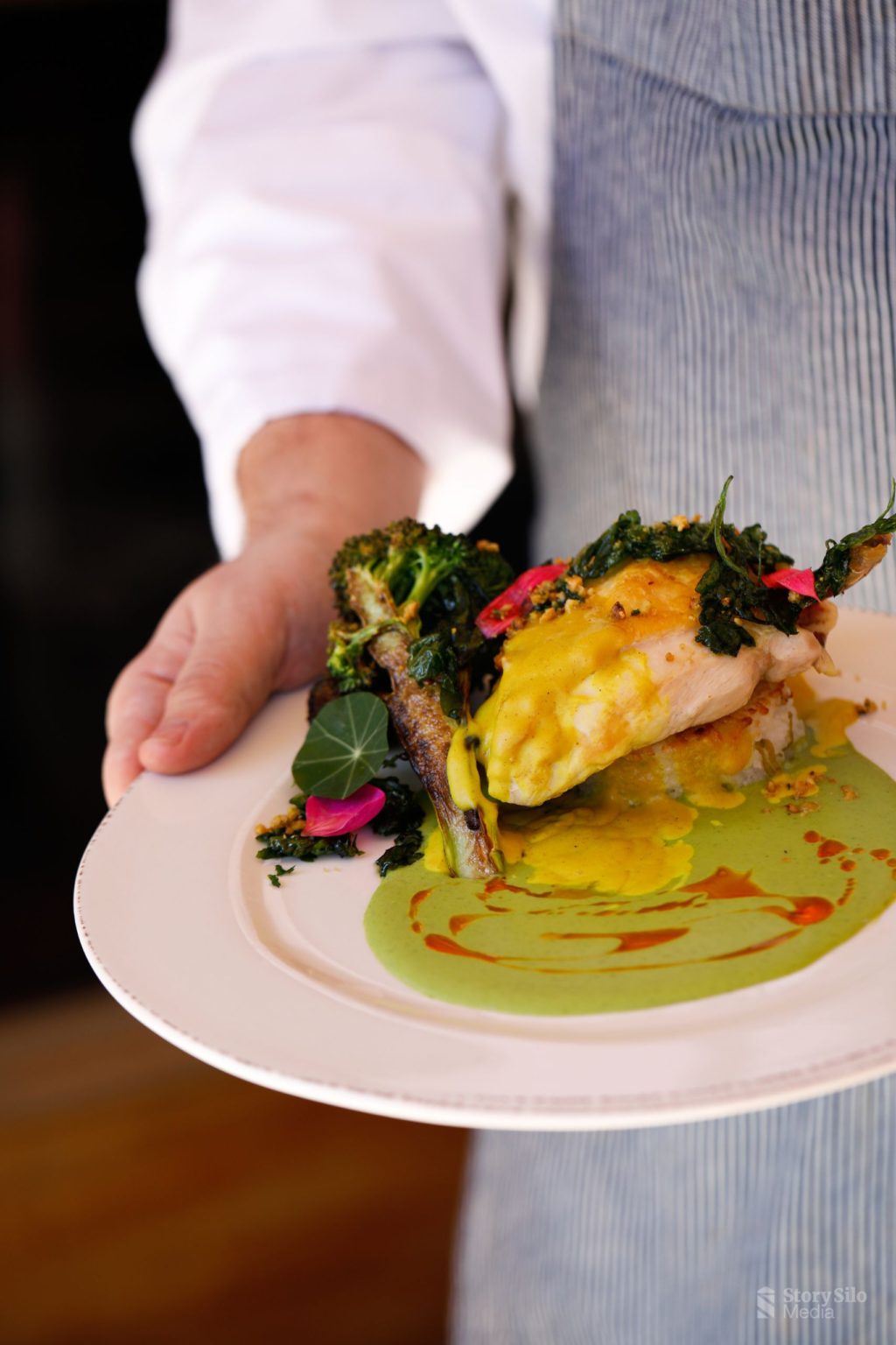 Photo o a chicken dish with green and yellow sauce and vegetables.