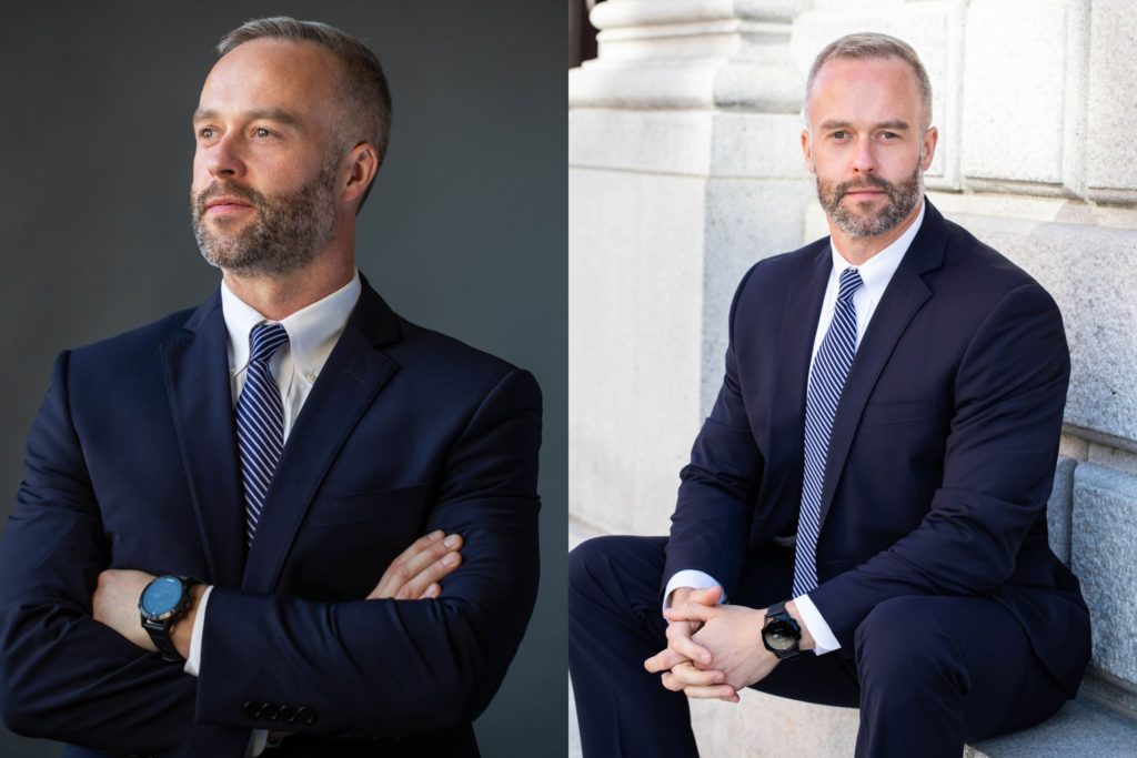 Two headshots of a man posing in a suit